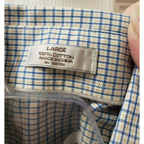 Peter Millar Button Up Shirt, Men's Large, Long Sleeve, Blue Gold Plaid, Cotton - Picture 6 of 9